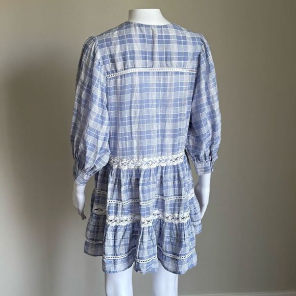 Free People Boho Lace Crotchet Plaid Puff Sleeve Top - Picture 5 of 7